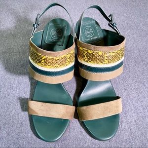 Tory Burch Green Snakeskin Multi Stripe Edina Block Heel Sandal, Women’s size 10